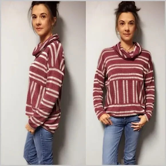 Burgundy Striped Turtleneck Pullover Top - Picture 6 of 8